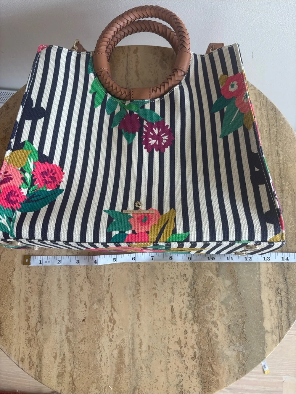 Spartina 449 Navy & White Stripe Floral Tote Purse with Braided Leather Handle